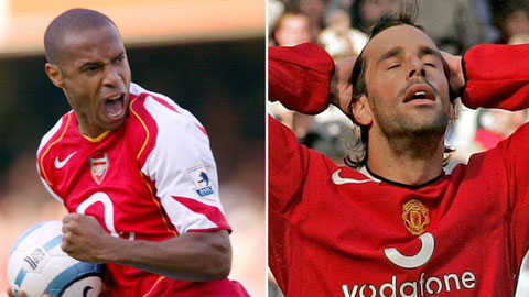 Trong 5 mùa giải đua tranh từ 2001/02 đến 2005/06, chỉ có đúng 1 mùa Van Nistelrooy ghi được nhiều bàn thắng hơn Henry (trái)