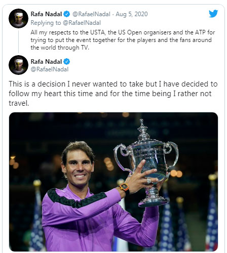 Nadal sẽ không đến Mỹ bảo vệ ngôi vô địch US Open năm nay