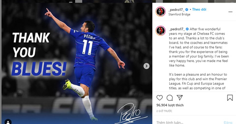Pedro viết tâm thư chia tay Chelsea