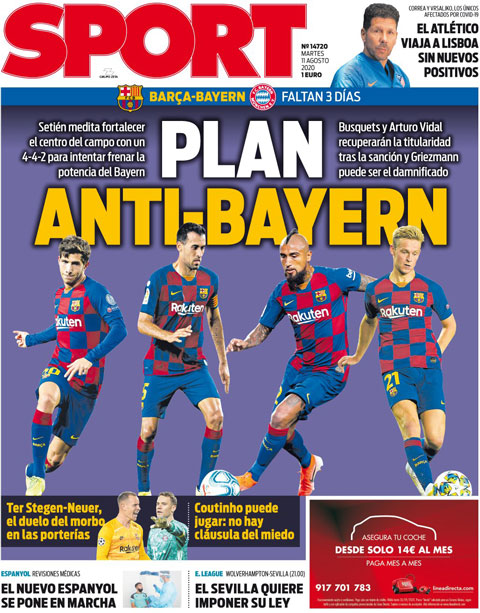 Tờ Sport cho rằng Barca sẽ sử dụng sơ đồ 4-4-2 kim cương để đấu với Bayern