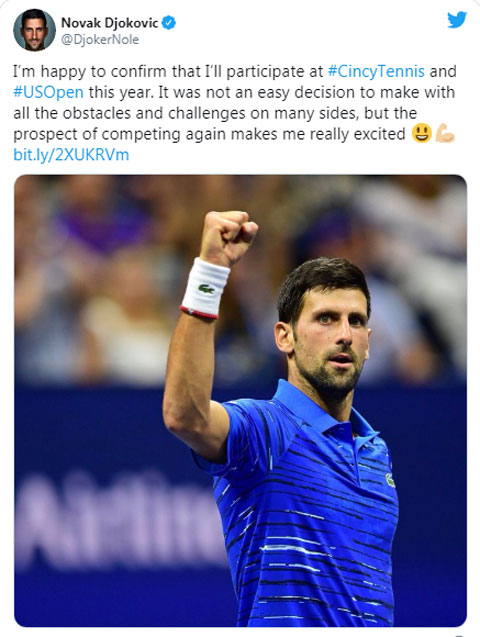 Hôm 13/8, Djokovic xác nhận sẽ tham dự hai giải sân cứng ở New York