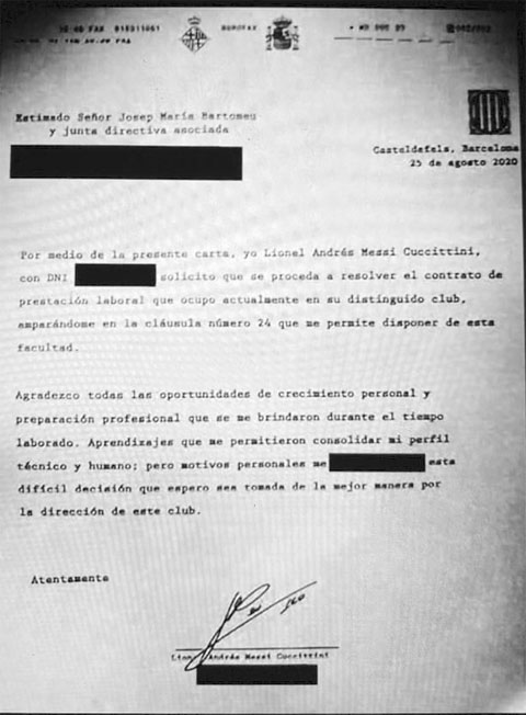 Bản fax Messi gửi cho BLĐ Barca  để  yêu cầu thanh lý hợp đồng