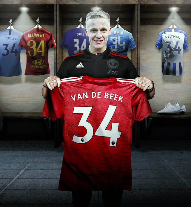 Donny van de Beek (gia nhập M.U với giá 39 triệu euro): Ngôi sao người Hà Lan sẽ mang số 34 để tri ân người bạn thân. Khi còn khoác áo Ajax, Van de Beek sử dụng số 6