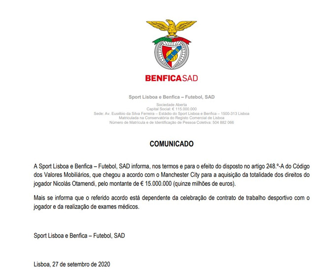 Benfica thông báo mua Otamendi từ Man City với giá 15 triệu euro
