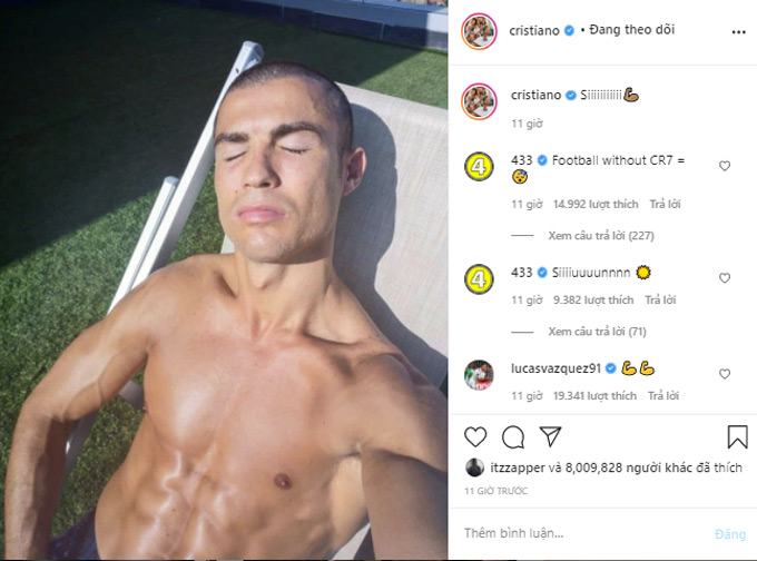 Ronaldo đăng ảnh và trạng thái lên trang Instagram cá nhân