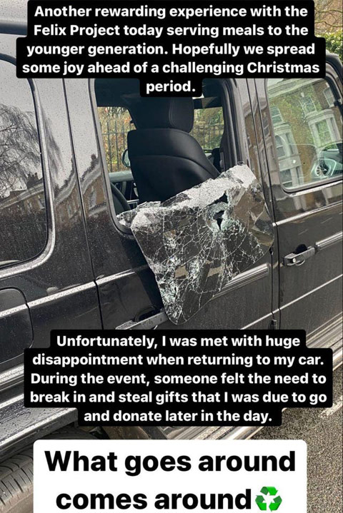 Hình ảnh chiếc xe của James bị trộm đập phá và trộm đồ