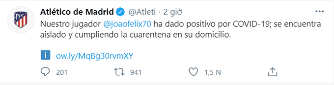 Trang Twitter của Atletico thông báo Joao Felix dương tính Covid-19