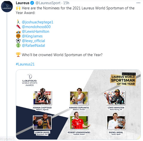 6 đề cử Laureus World Sportsman of the Year Award 2021