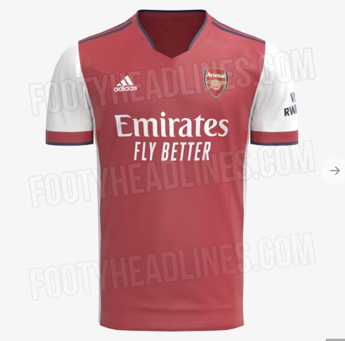 Các ngôi sao của Arsenal mùa tới sẽ có bộ áo đấu với phần cổ khá lạ mắt màu xanh thẫm thay vì cổ tròn màu trắng như hiện tại. Màu đỏ chủ đạo cũng nhạt hơn so với mùa 2020/21.