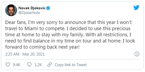 Thông báo không dự Miami Open 2021 của Djokovic