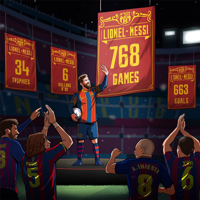 Messi vượt qua Xavi để trở thành cầu thủ khoác áo Barca nhiều nhất với 768 trận, 663 bàn, 34 danh hiệu và 6 Quả bóng vàng