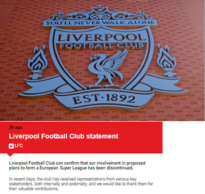Liverpool: "CLB bóng đá Liverpool xác nhận không còn liên quan kế hoạch vừa được đề xuất về việc thành thành lập Super League"