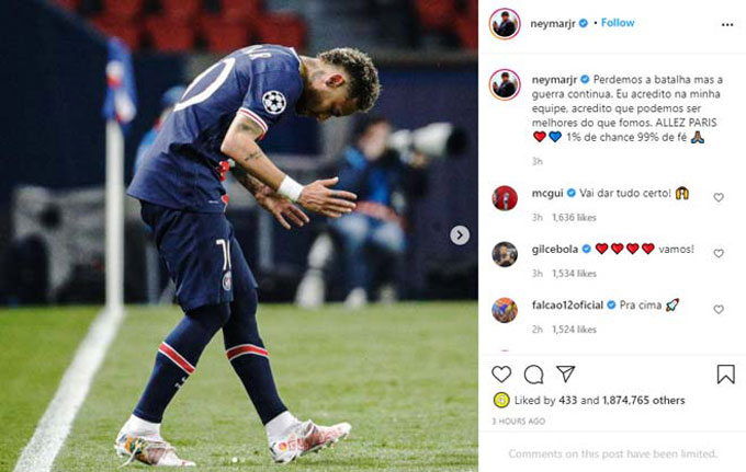 Neymar thể hiện quyết tâm phục hận ở trận lượt về trên Instagram cá nhân