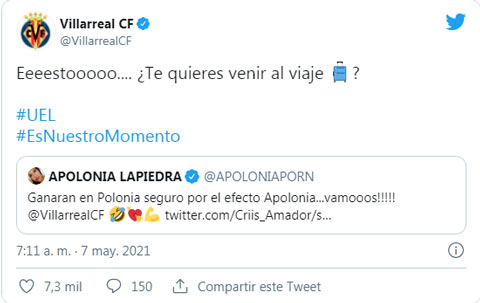 Tài khoản Twitter chính thức của Villarreal mời Apolonia Lapiedra tới dự chung kết Europa League