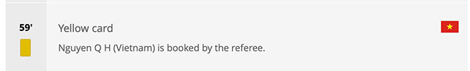 Thống kê của FIFA cũng ghi Quang Hải nhận thẻ vàng ở phút 59 