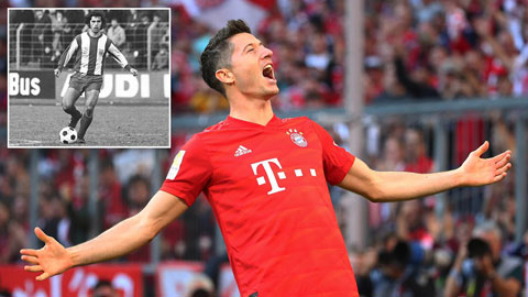 Lewandowski ăn mừng bàn thắng - Gerd Mueller( ảnh bé) huyền thoại của Bayern