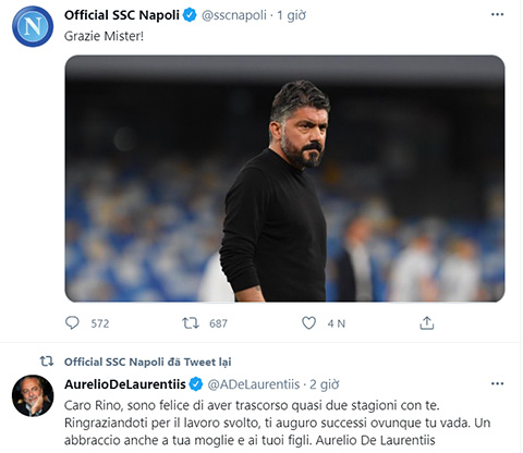 Napoli thông báo sa thải Gattuso trên Twitter
