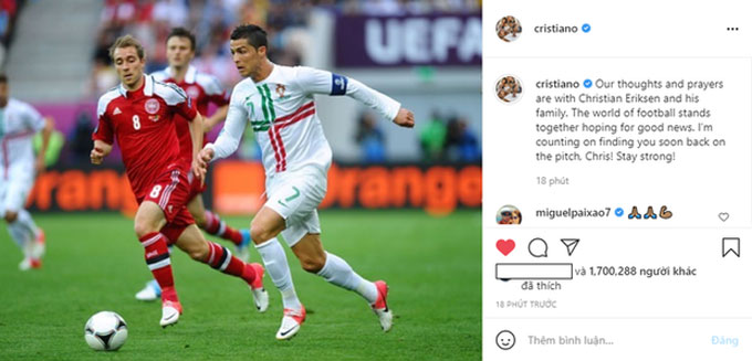 Ronaldo chia sẻ vể Eriksen trên trang cá nhân