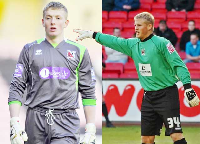 Cả hai thủ môn Pickford (trái, Anh) và Schmeichel (Đan Mạch) đều có thời gian khoác áo đội bóng “tí hon” Darlington FC