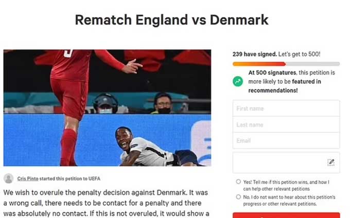 Đơn kiến nghị đòi đá lại trận Anh vs Đan Mạch