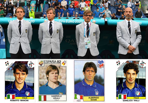 Mancini (bìa trái) cùng với Vialli (bìa phải) và những người bạn tại Sampdoria năm nào trong thành phần BHL Italia tại EURO 2020