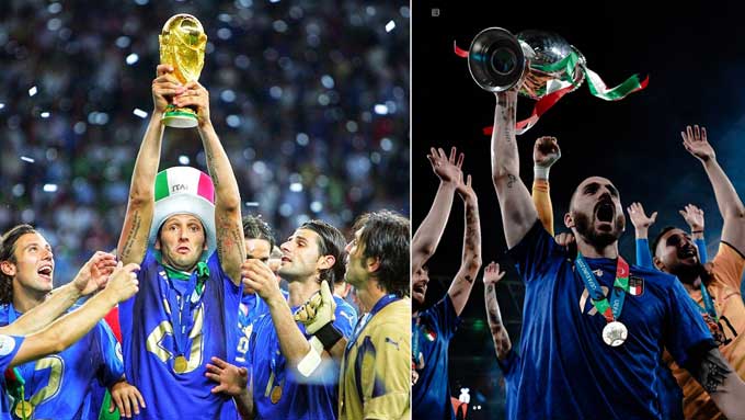 Materazzi (trái) và Bonucci là những trung vệ ghi bàn gỡ hòa cho Italia ở 2 trận chung kết World Cup 2006 và EURO 2020