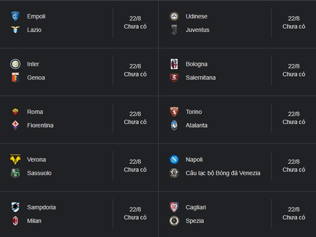 Lịch thi đấu Serie A 2021/22 vòng 1