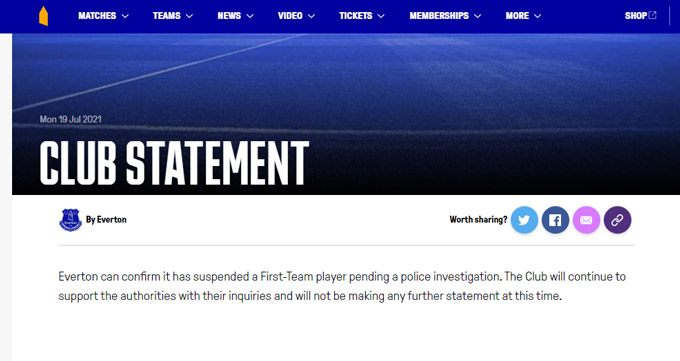 Everton thông báo tạm đình chỉ 1 cầu thủ của đội một