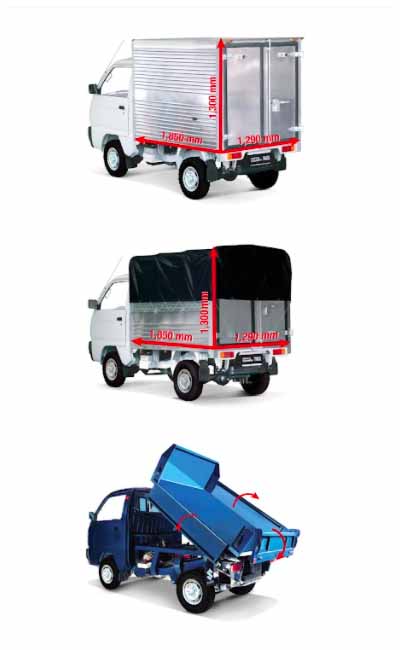 Khách hàng Suzuki Carry Truck Truck có nhiều lựa chọn thùng xe: thùng kín, mui bạt, thùng ben (theo thứ tự từ trên xuống)