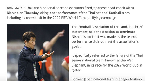 Báo chí Nhật Bản bị ‘sốc’ khi hay tin HLV Nishino bị Thái Lan sa thải