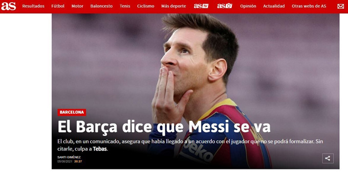 Tờ AS: "Barca thông báo Messi sẽ ra đi"