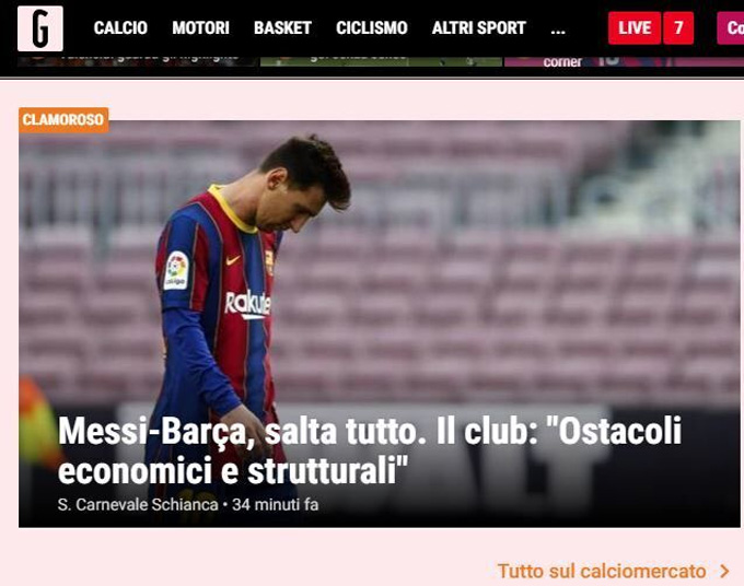 Tờ La Gazzetta (Italia): "Messi - Barca chia tay do rào cản kinh tế"