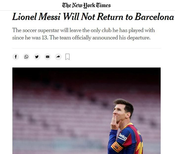 Tờ The New York Times: "Messi sẽ không trở lại Barcelona"
