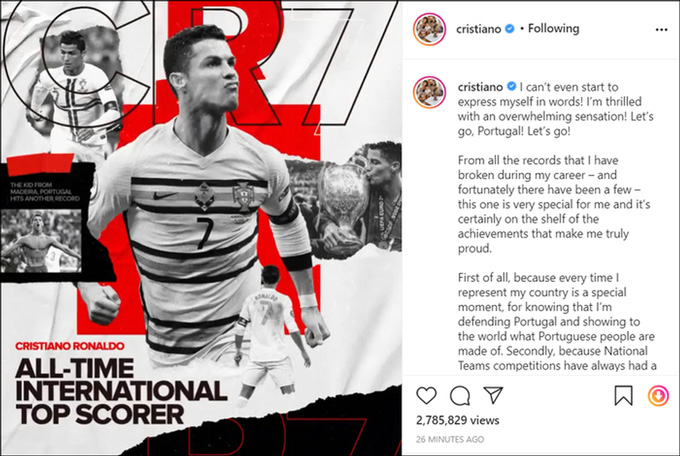 Ronaldo viết tâm thư trên Instagram sau khi lập kỷ lục