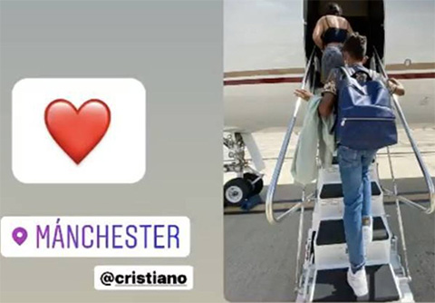 Cô bồ Georgina Rodriguez đăng tải hình ảnh gia đình lên máy bay tới Manchester
