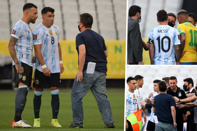 Nhân viên y tế Brazil lao vào sân để bắt cầu thủ Argentina gây ra màn ẩu đả. Messi và các đồng đội kiên quyết không vào sân đá tiếp
