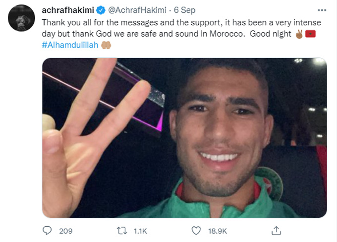 Hakimi thông báo đã trở về Morocco an toàn