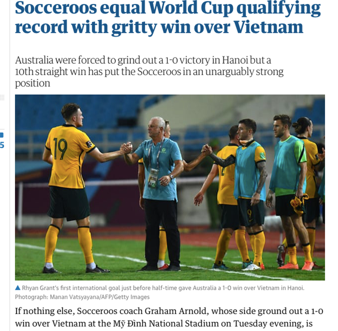 Tờ Guardian (Anh) đề cập đến trận thắng của Australia trước Việt Nam