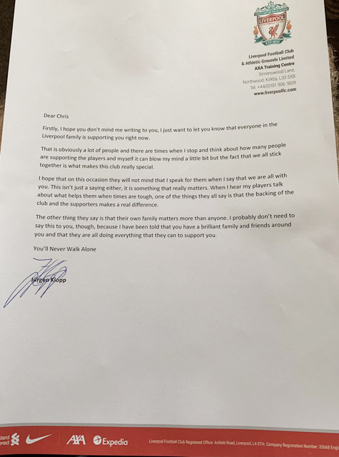Một phần nội dung bức thư mà HLV Jurgen Klopp gửi cho CĐV Liverpool đang mắc bệnh ung thư