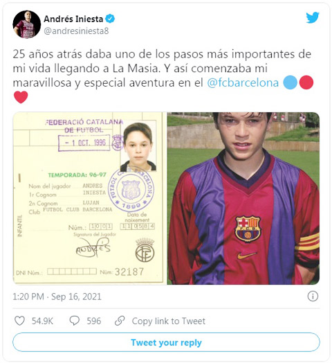 Andres Iniesta vừa kỷ niệm 25 năm ngày gia nhập lò La Masia