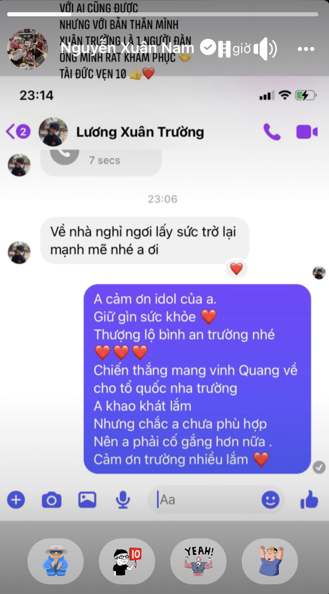 Xuân Trường nhắn tin động viên Xuân Nam - Ảnh: FBNV 