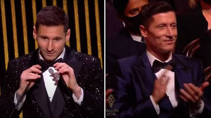 Khi Messi bước lên bục nhận giải, Lewy chỉ có thể ngồi dưới cười chua xót