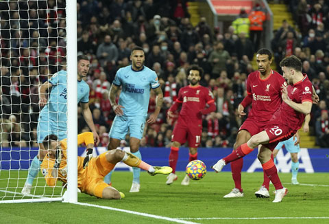 Diogo Jota (phải) đệm bóng ghi bàn, mở màn cho trận ngược dòng ấn tượng của Liverpool