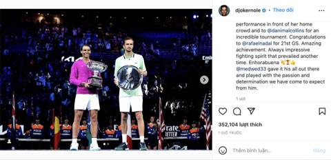 Bài đăng của Djokovic trên Instagram hôm 30/1, chúc mừng bốn tay vợt vào chung kết đơn nam và nữ ở Australian Open 2022