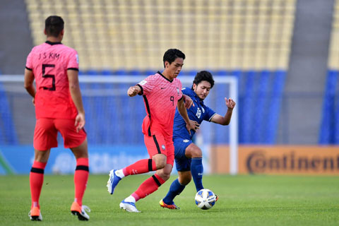 U23 Thái Lan (bìa phải) thất thế hoàn toàn ở trận thua U23 Hàn Quốc