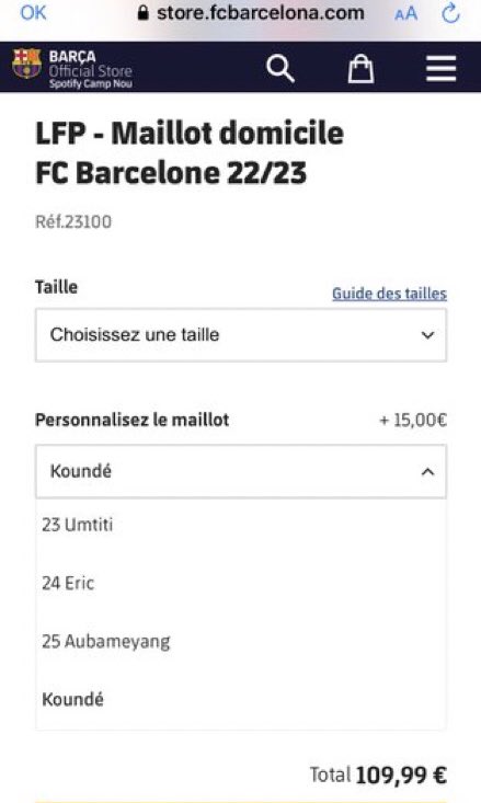 Lựa chọn bán áo đấu của Kounde trên trang chủ Barcelona (hiện đã bị xóa)
