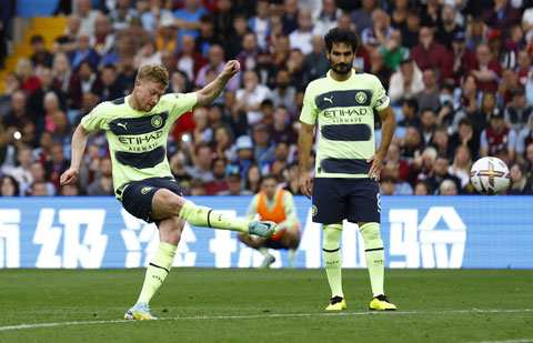 De Bruyne trong pha sút phạt đưa bóng đập xà ngang ở trận hòa Aston Villa