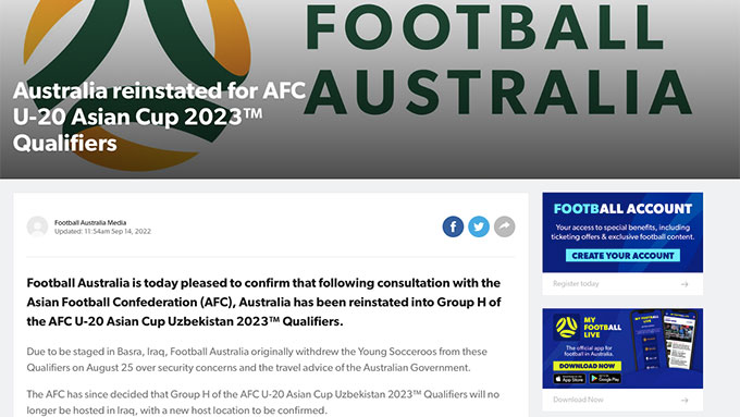 LĐBĐ Australia ra thông báo, đội U20 nước này đã được LĐBĐ châu Á phục hồi suất thi đấu tại vòng loại U20 châu Á 2023 sau khi đã xin rút lui