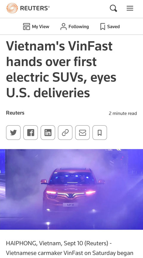 Reuters đưa tin về lễ bàn giao 100 xe VF 8 đầu tiên của VinFast