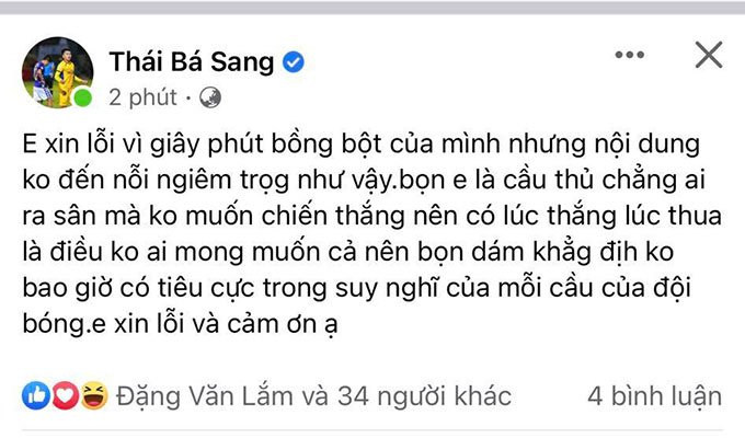Thái Bá Sang lên tiếng xin lỗi NHM sau sự cố vạ miệng - Ảnh: FBNV 
